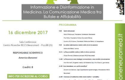 16 dicembre 2017 Corso  Informazione e Disinformazione in Medicina. La Comunicazione Medica tra Bufale e Affidabilità