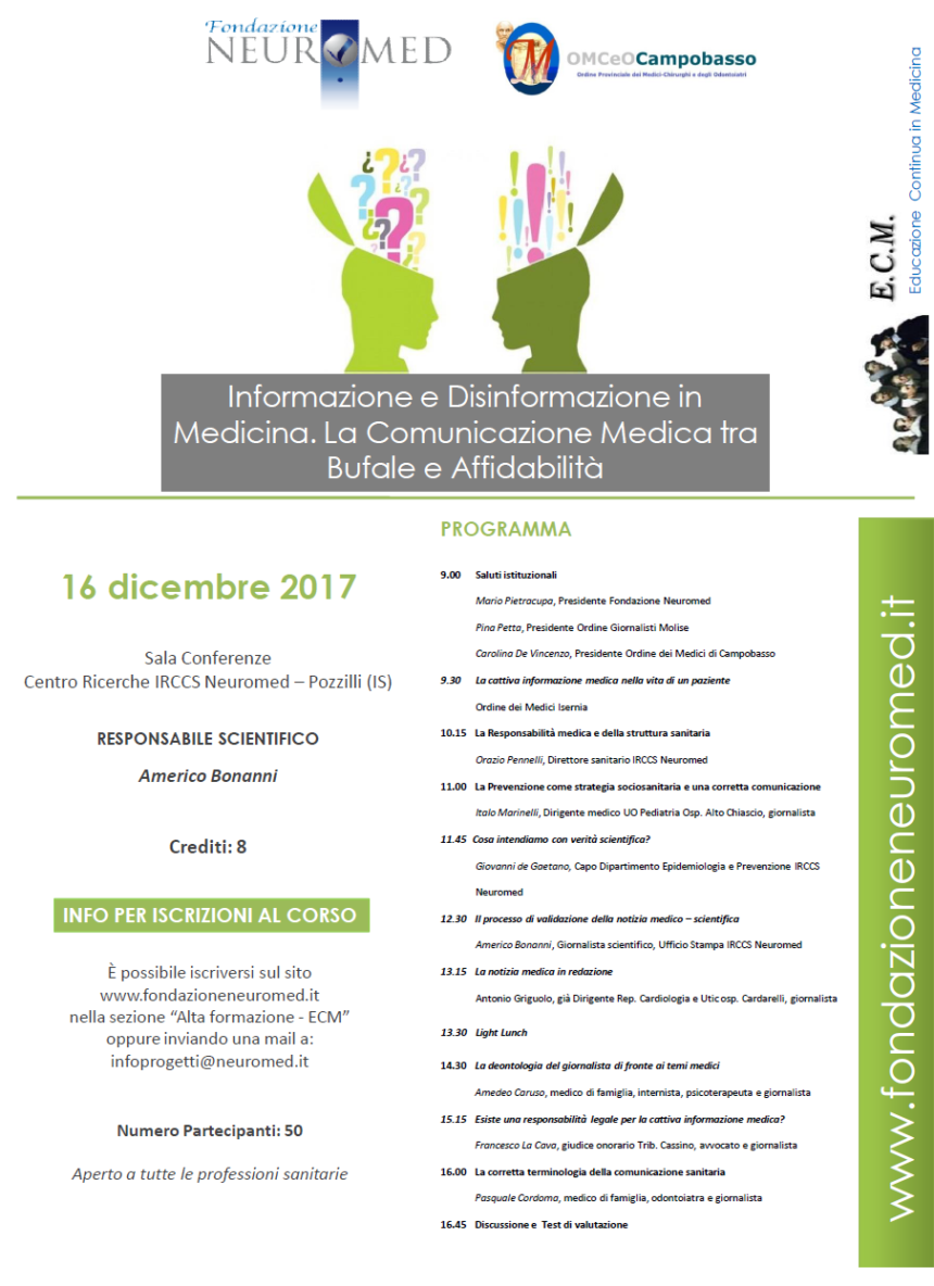 16 dicembre 2017 Corso  Informazione e Disinformazione in Medicina. La Comunicazione Medica tra Bufale e Affidabilità